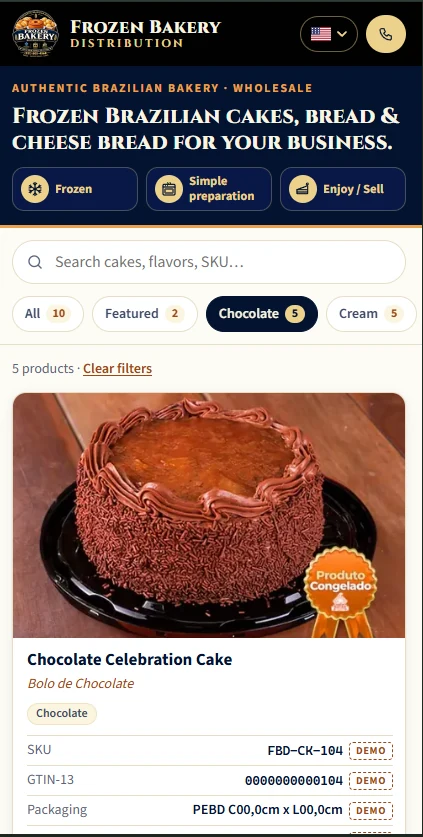 The same live catalog on a phone: language selector, call button, product search, category filters and a product card.
